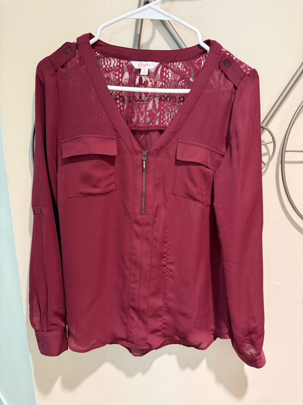 Candie’s Burgundy Lace-Back Zip Front Blouse Y2K Size S